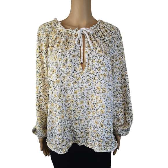 Billabong Floral Peasant Blouse Boho Tie Neck Top Cream Yellow Women’s M - Picture 3 of 11